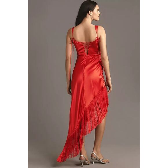 NWT For Love & Lemons Red Anisa Silk Fringe Draped Midi Dress Size XL Red #8A404 - Picture 3 of 13